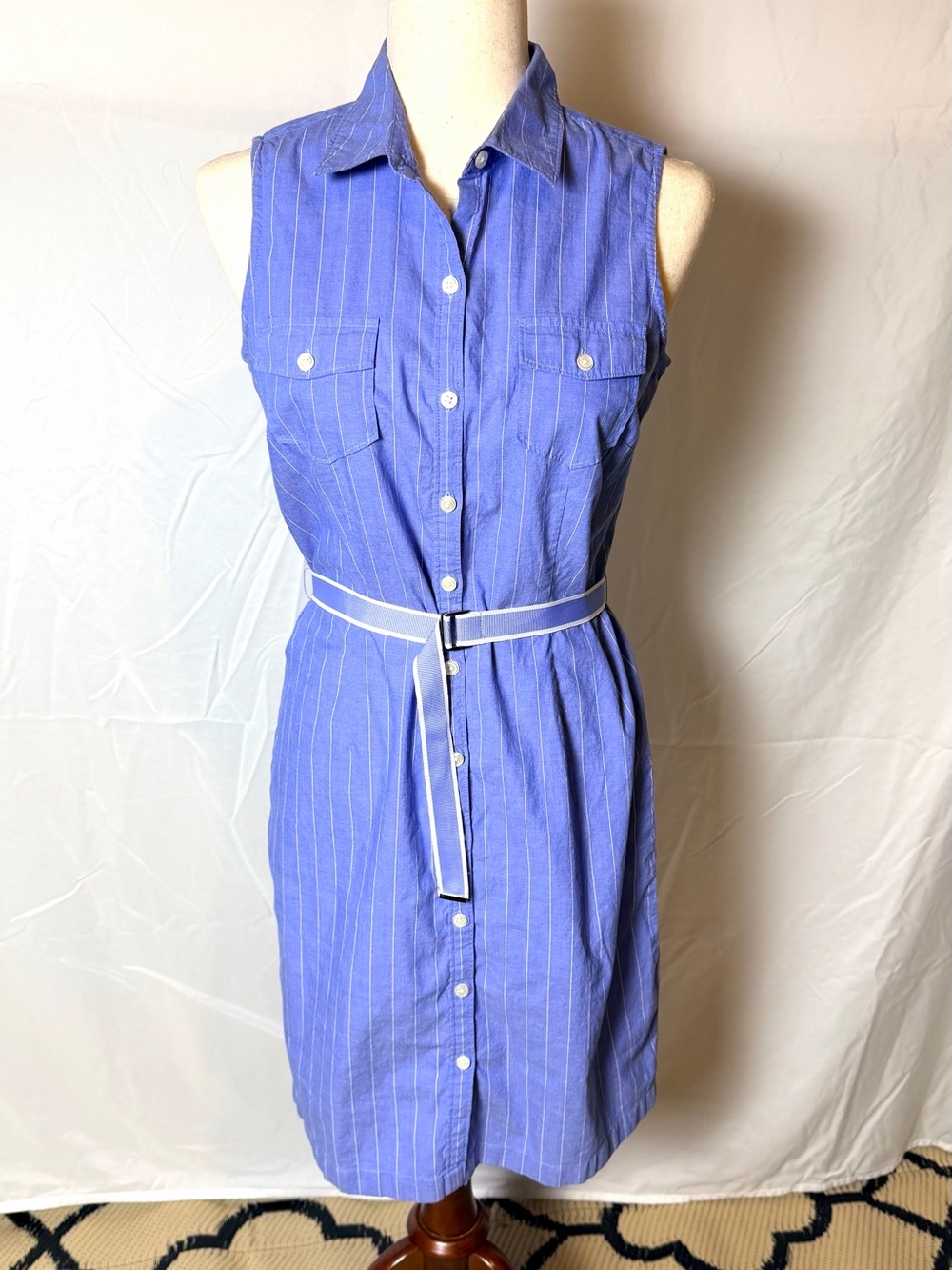 Vintage Ann Taylor Blue Pinstripe Sleeveless Shirt Dress w/belt quiet luxury